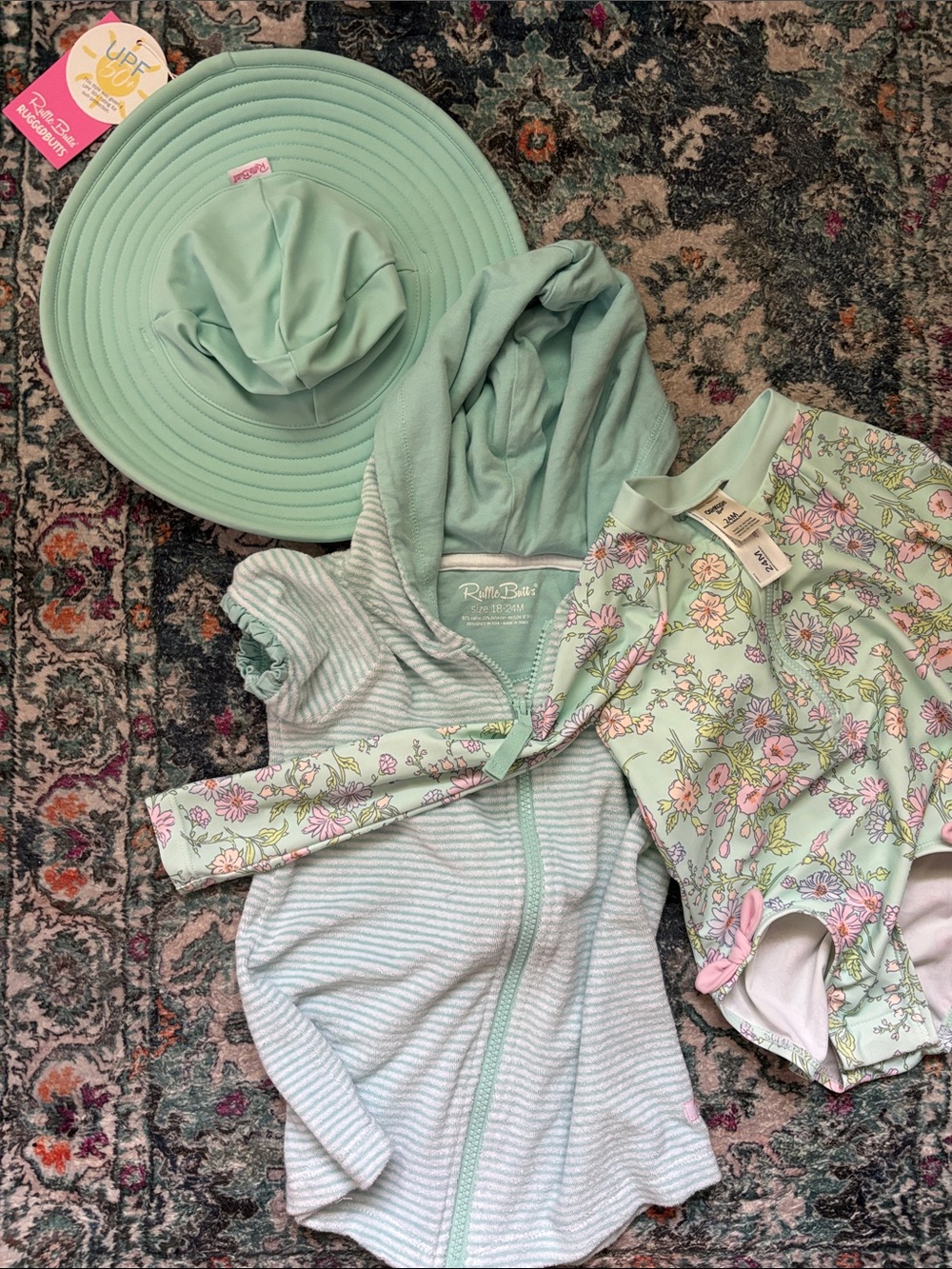 Ruffle Butts Aqua Floral Girls Swim Set with Sun Hat